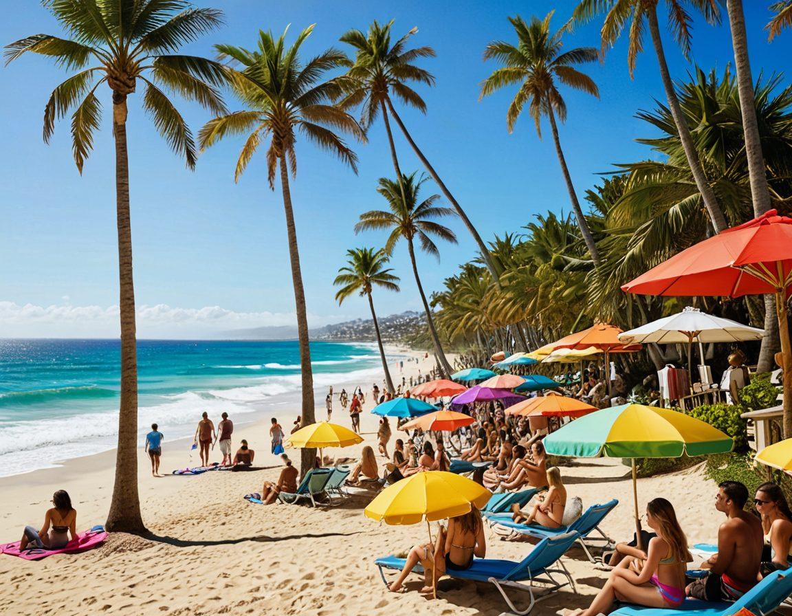 A stylish beach scene featuring a diverse group of young people wearing vibrant, trendy beachwear inspired by television shows. The background depicts a sunny beach with colorful umbrellas and surfboards, while a large vintage TV screen displays popular shows showcasing the latest styles. Sand, waves, and palm trees add to the tropical vibe. super-realistic. vibrant colors. sunny vibe.